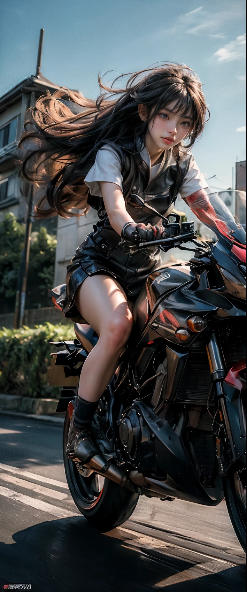 ((Masterpiece, Top Quality, High Resolution, Photorealistic, Raw, 8K)), Close-up of Japanese high school girl on motorcycle, dynamic composition, speedy, Motion Blur,