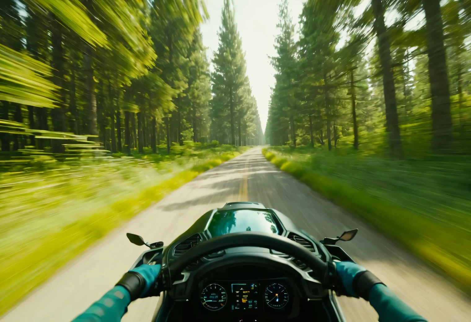 Motion Blur effect, focus in the center of the frame, flying at high speed in an alien landscape through alien landscape and vegetation, First person view, POV