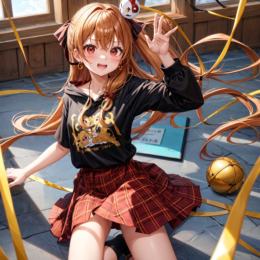 Brown, red, gold, golden hair、Red eyes、One good looking girl、solo、anime、Checkered mini skirt、Black camisole、Black T-shirt、hoodie、Wearing a ribbon、Ribbon on waist、Crystal Earrings、treasure石のネックレス、Light and shadow、Tilting face、Teeth are visible、Marble pillar、The floor is reflecting、Kind Face、Kuroko、treasure、wearing goggles on head