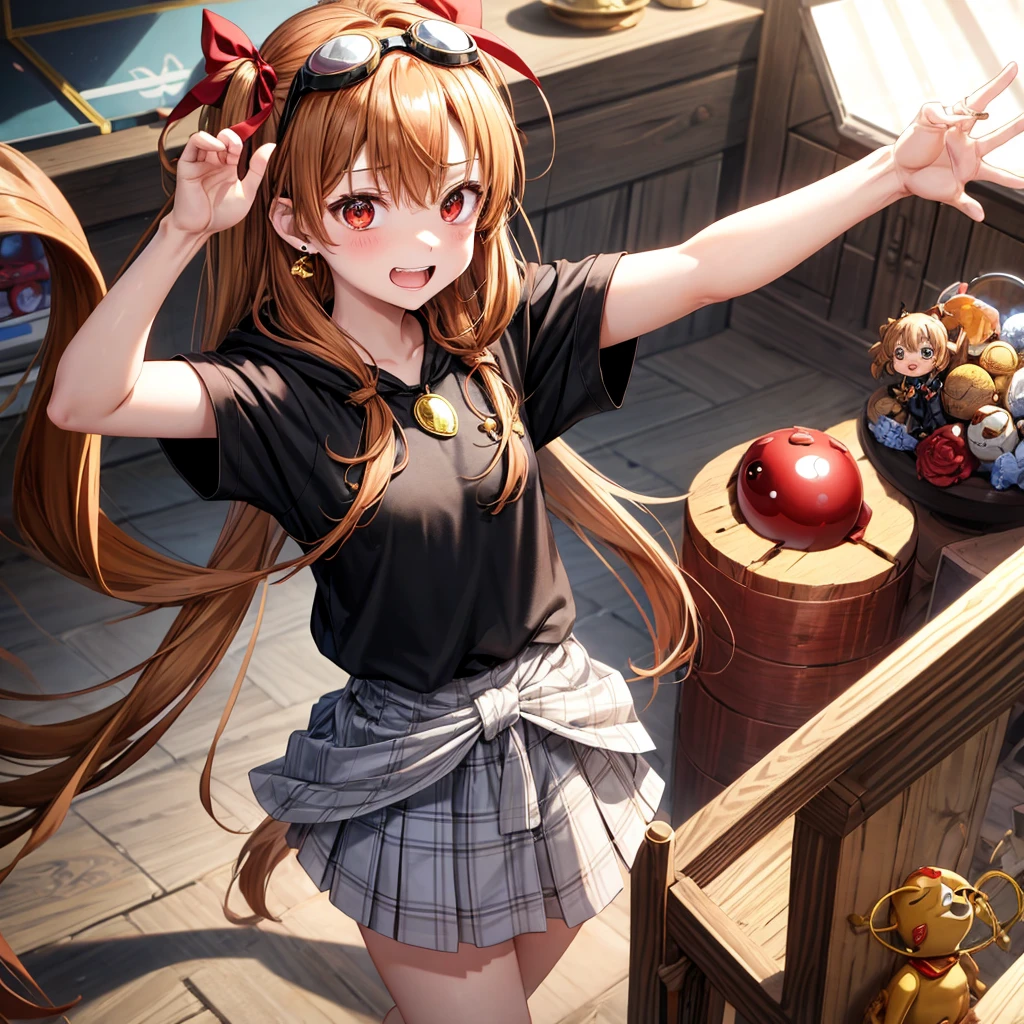 Brown, red, gold, golden hair、Red eyes、One good looking girl、solo、anime、Checkered mini skirt、Black camisole、Black T-shirt、hoodie、Wearing a ribbon、Ribbon on waist、Crystal Earrings、treasure石のネックレス、Light and shadow、Tilting face、Teeth are visible、Marble pillar、The floor is reflecting、Kind Face、Kuroko、treasure、wearing goggles on head
