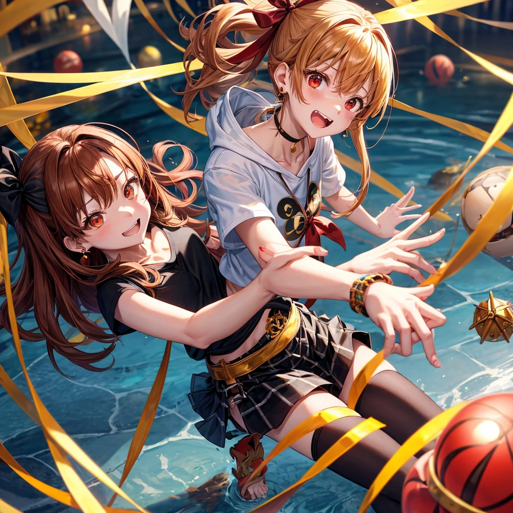 Brown, red, gold, golden hair、Red eyes、One good looking girl、solo、anime、Checkered mini skirt、Black camisole、Black T-shirt、hoodie、Wearing a ribbon、Ribbon on waist、Crystal Earrings、treasure石のネックレス、Light and shadow、Tilting face、Teeth are visible、Marble pillar、The floor is reflecting、Kind Face、Kuroko、treasure、wearing goggles on head