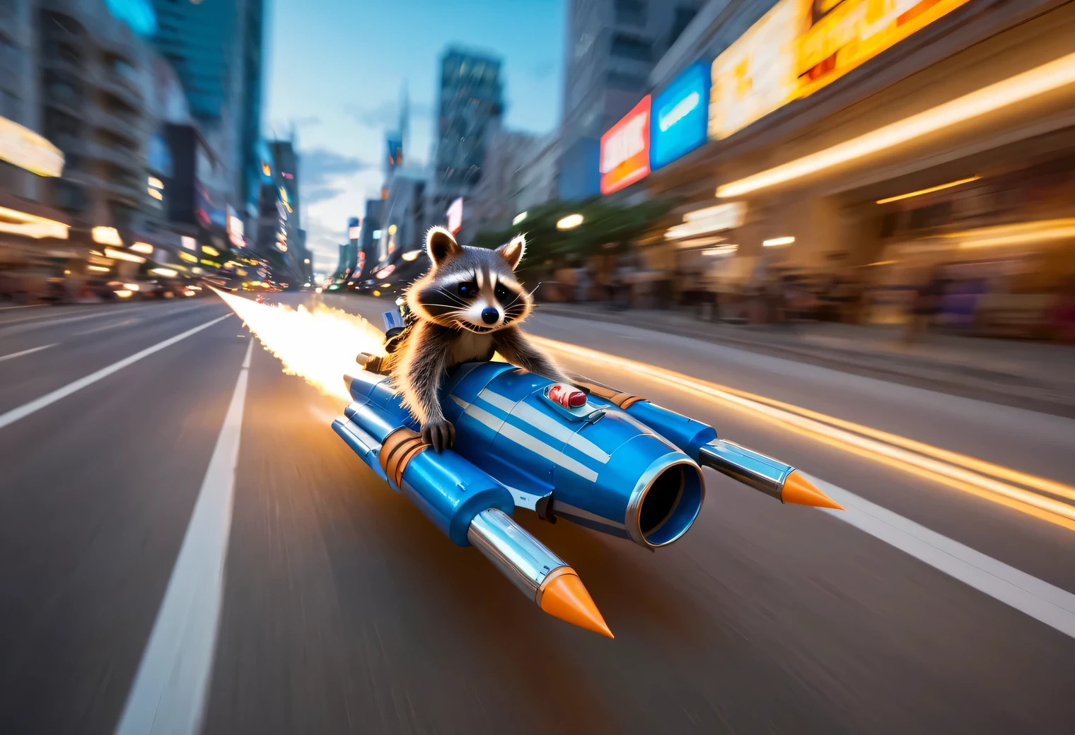 Motion Blur Effect, Anthropomorphic Raccoon Rocket on Flitknot Speeder flies down the street of the metropolis, high speed, Motion Blur, focus on Anthropomorphic Raccoon Rocket on Flitknot Speeder, flight, anime comics style, clear