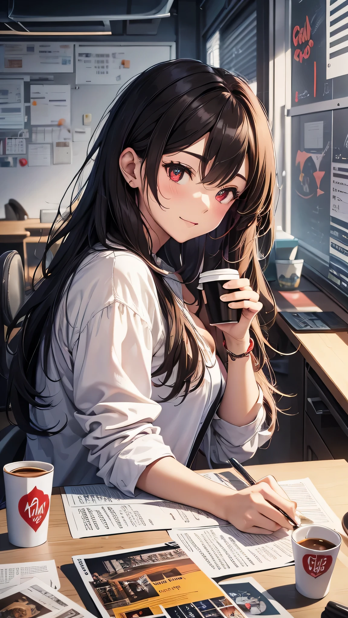 最high quality、Best image quality、masterpiece、girl((20-year-old、 By becoming、Best Bust、Medium Bust,Wide open breast tea、red glowing eyes, Black and red hair、Disheveled Hair、Long Hair、thin,The highest valley、White overshirt、Open chest、White wristband、smile、Leaning forward、hair ornaments、Side angle、Lointail、Brown skin)),high quality、Beautiful art、background((Modern Office、Coffee cup、line of light、Whiteboard、graffiti))、Flight、Flying debris、Written boundary depth、movie、Visual Arts、Perfect art、8K,Genuine、