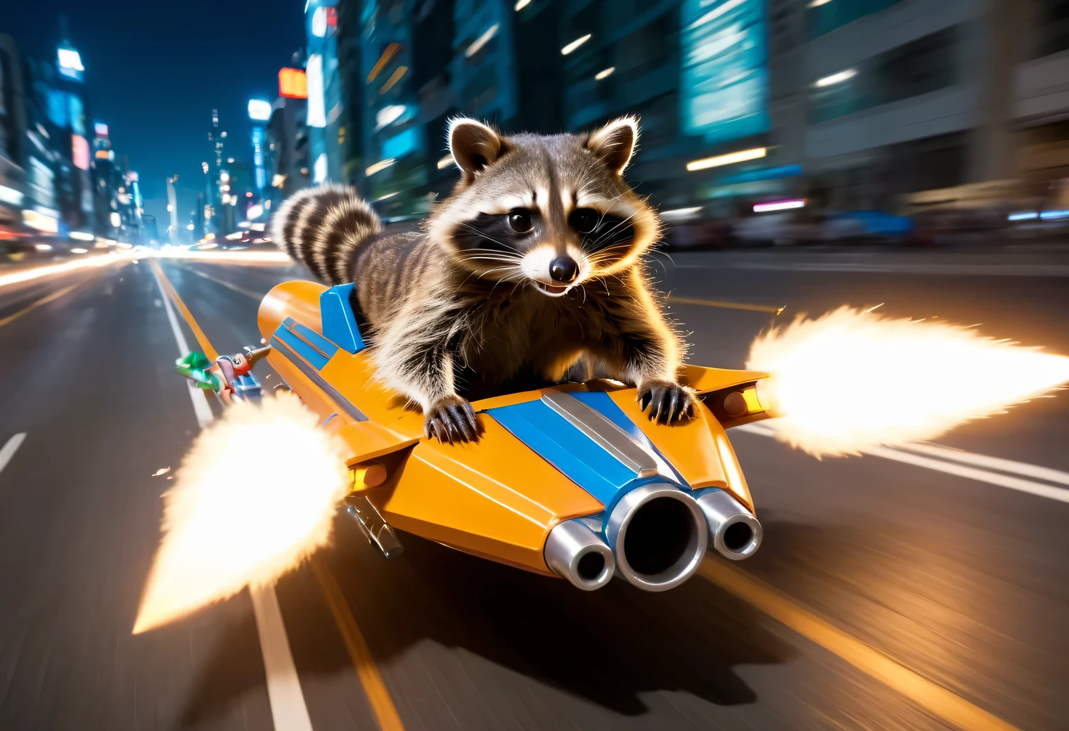 Motion Blur Effect, Anthropomorphic Raccoon Rocket on Flitknot Speeder flies down the street of the metropolis, high speed, Motion Blur, focus on Anthropomorphic Raccoon Rocket on Flitknot Speeder, flight, anime comics style, clear