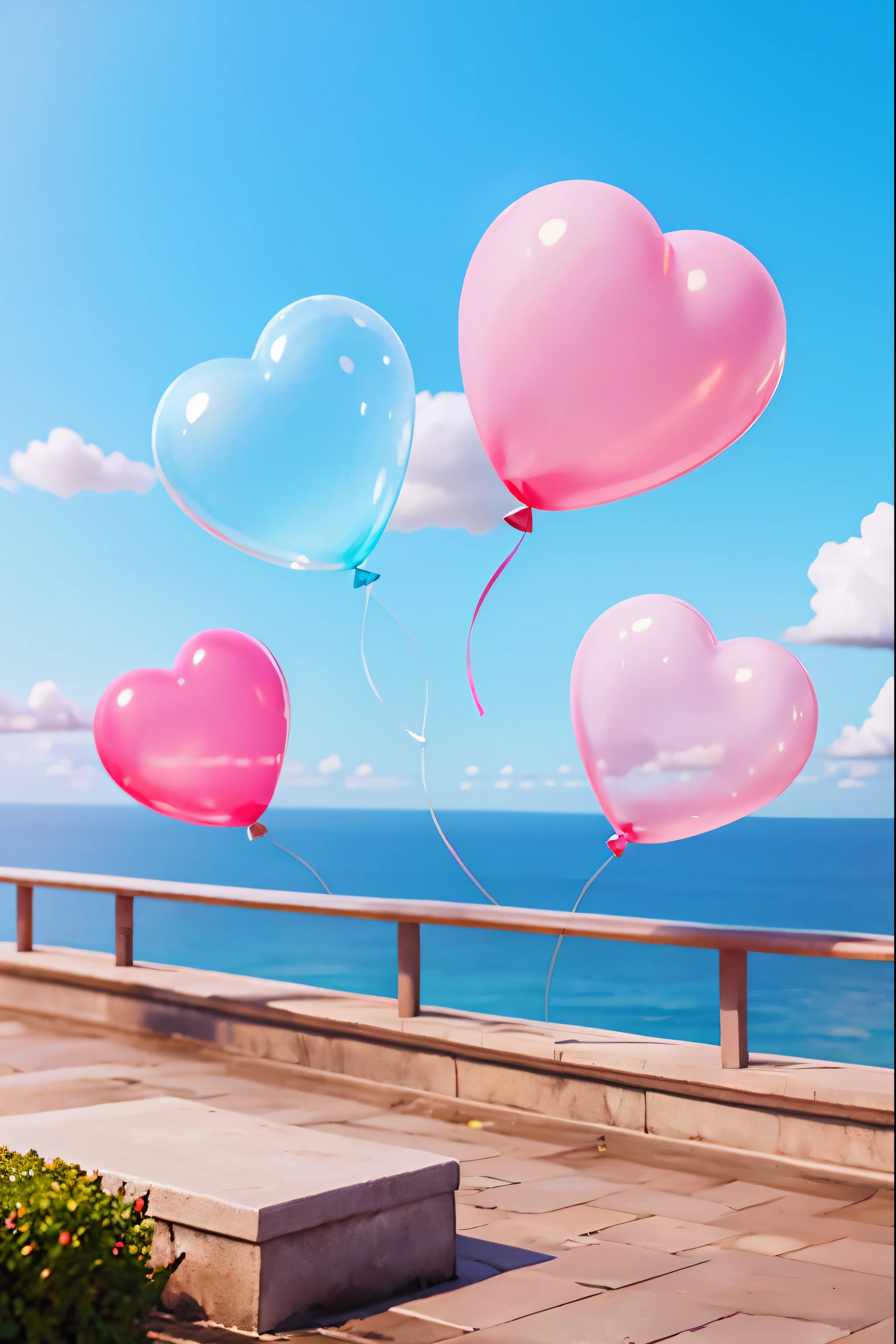 Many transparent love balloons，There is pink mist inside，Background is blue sky