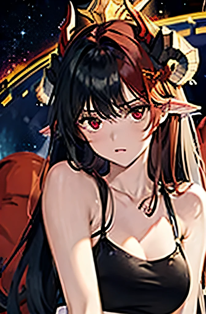 girl with brown hair, demon horns, low angle