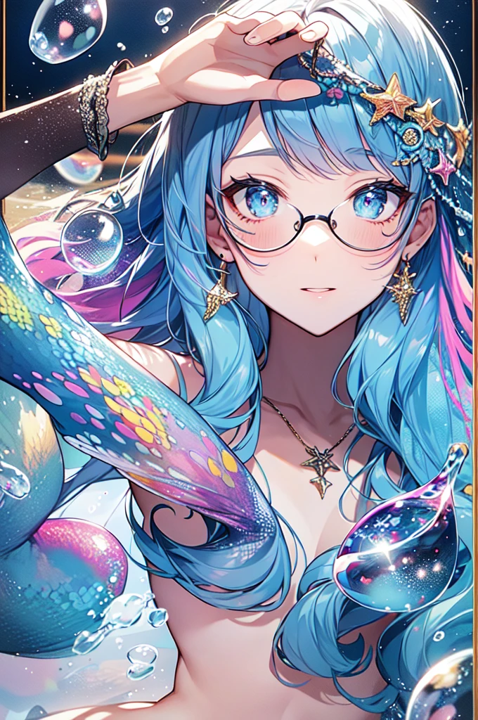 ((Masterpiece, Top Quality, Watercolor Art (Pendant), Official Art, Beautiful and Aesthetic: 1.2)), (Golden Ratio: 1.2), (Full Body: 1.2), (Ultra Detail: 1.3), (1 Girl: 1.3), (Fractal Art: 1.3), Full Body, (Glitter Pupil)), Pattern, (iridescent hair, colorful hair, half light blue and half pink hair: 1.2)), Colorful, writing, (Heterochromia), (Colorful: 1.5), ((Swimsuit)), (((Shy face)), ((Micro bikini)), (Standing Figure), (Hyper Detail), (Delicate Detail)), (Complex Detail), ((Cinematic Light, Top Quality Backlight)), High Contrast, ((Best Lighting, Very Delicate and Beautiful)), ((Cinematic Light)), (Ray-Traced Reflection, Shine) (Glowing Aura)), ((Glowing Aura)), ((Glowing Hair)), ((Super Detail)), (((8K)), ((Close Up)), Delicate Beautiful Face and Eyes,Focus on Face, Deep Sea Background,Masterpiece,Detailed Splashing Water, Beautiful Details Water, Shock Sensation, (Real: 0.5), Original 2 High Saturation, (Surrounded by dots with colorful splashes), Colorful bubbles, Glasses, (((Mermaid))