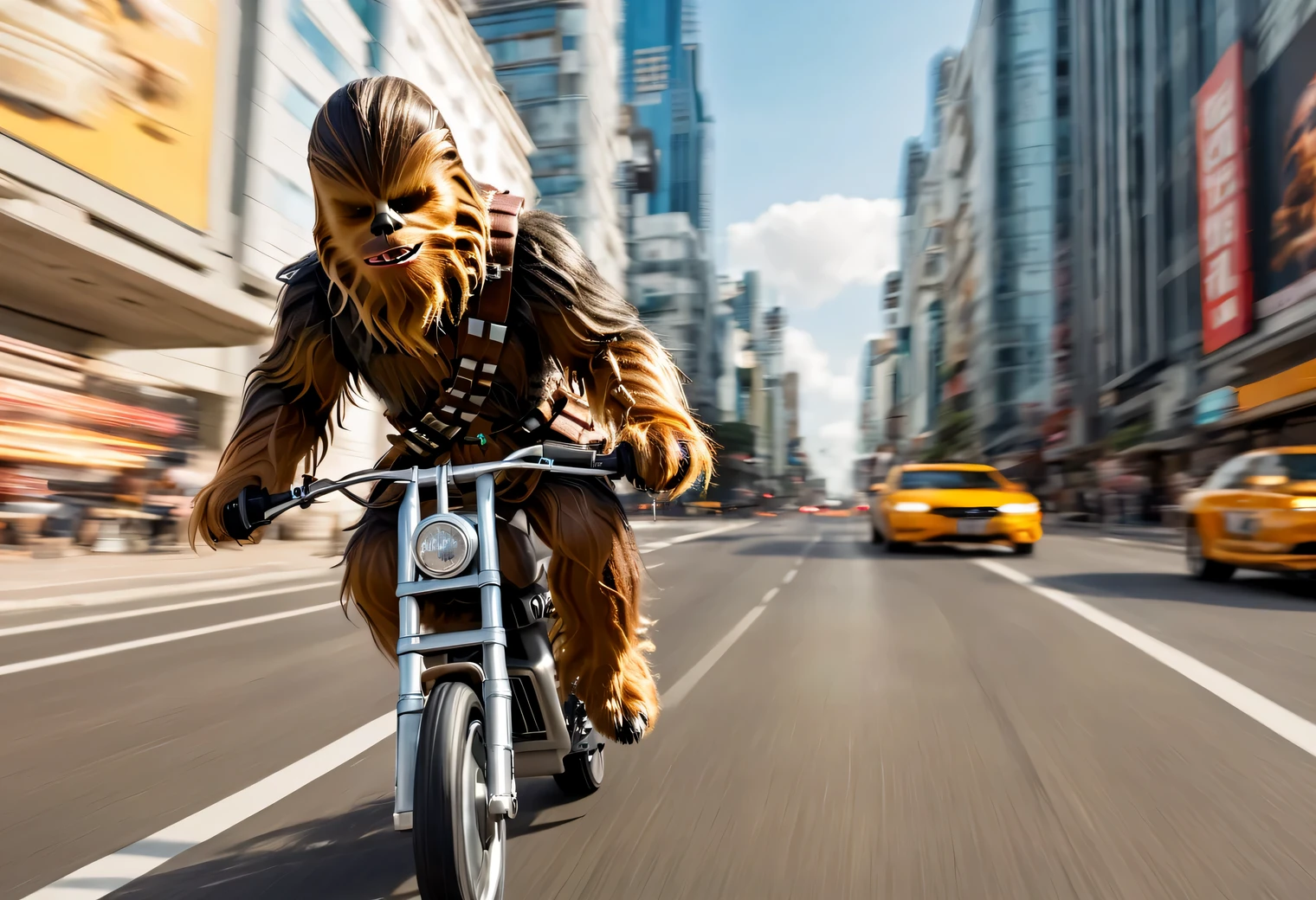 Motion Blur effect, Chewbacca on Speeder bike flying down the street of the metropolis, high speed, Motion Blur, focus on Chewbacca on Speeder bike, flight, anime comics style, clear