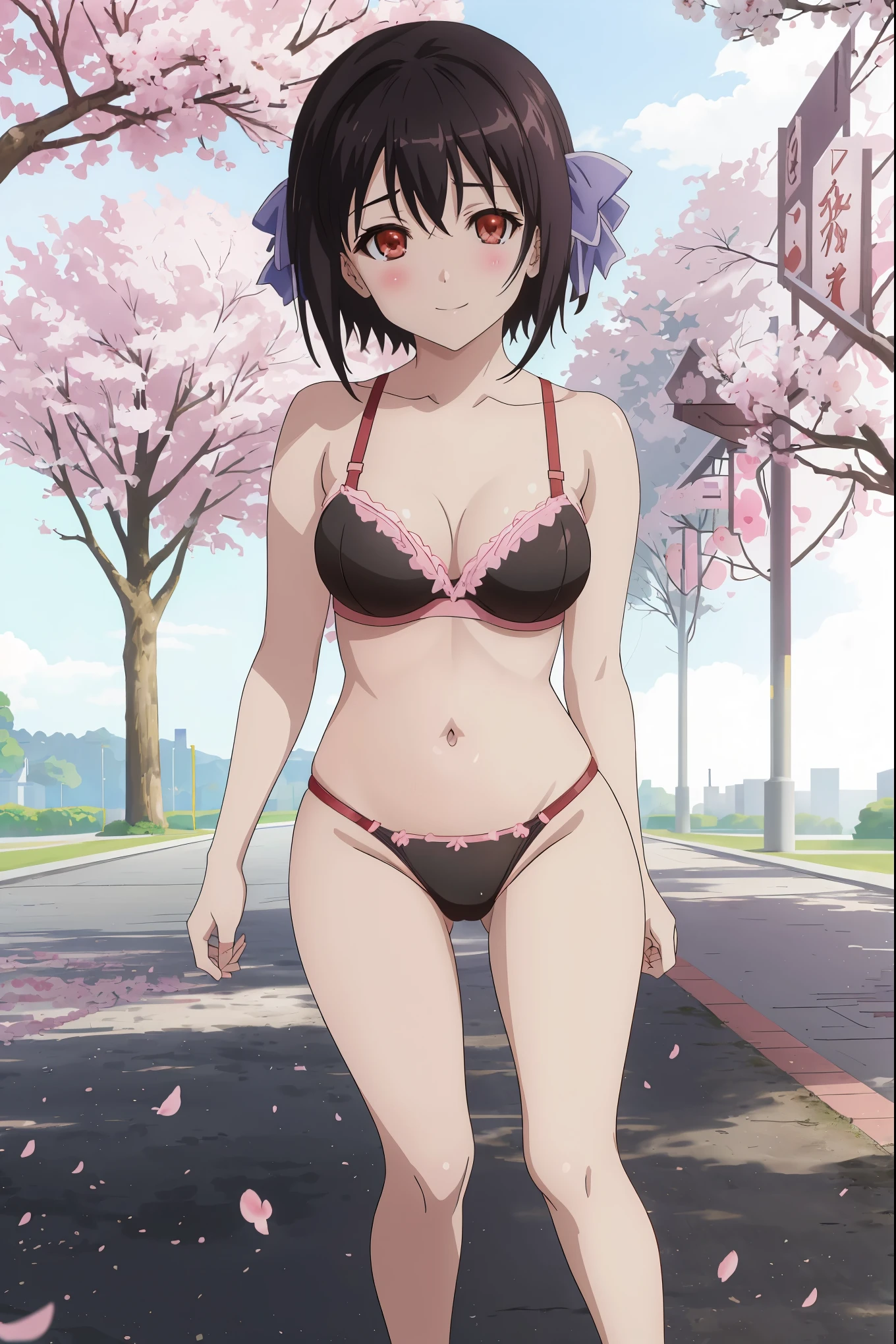 [[anime styled]],[[digitalart]],NSFW,1girl in,(Portrait),face focus/close up,park,(many cherry blossoms),Cherry blossoms are in full bloom,Cherry blossom petals dance and are tered,strong windy,(hold the hair),stnding,Tomomi_Xijing,black hair,hair ribbon, Short hair,(nudelack bra,bra strap),(black panties)medium build,perfect anatomy,Smile,blush,best quality,master piece,Perfect Lighting,(strong light),((brighten the subject)),oily skin,cury:1.2,,Best Quality,anime screen cap,Flat color,cel shading,Panties,short t