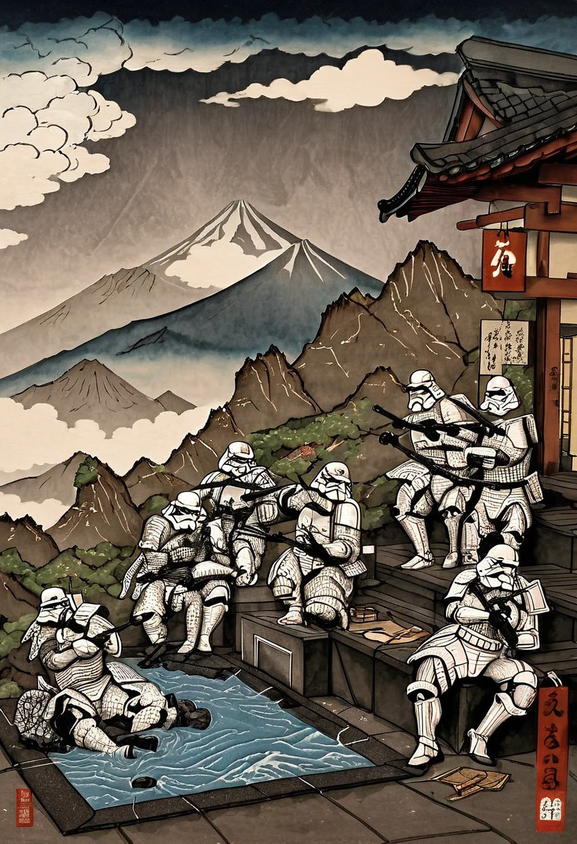 A photorealistic image in the style of a water-ink painting that captures the essence of Japanese Ukiyo-e art. The subject is a group of stormtroopers relaxing in a bathhouse, against a backdrop of clouds or perhaps Mount Fuji. The paper should have an aged, vintage look to give a sense of historical depth. The color palette should be subdued, with low saturation to mimic the traditional Ukiyo-e style. The lines should be fluid and elegant. The atmosphere should be serene. 