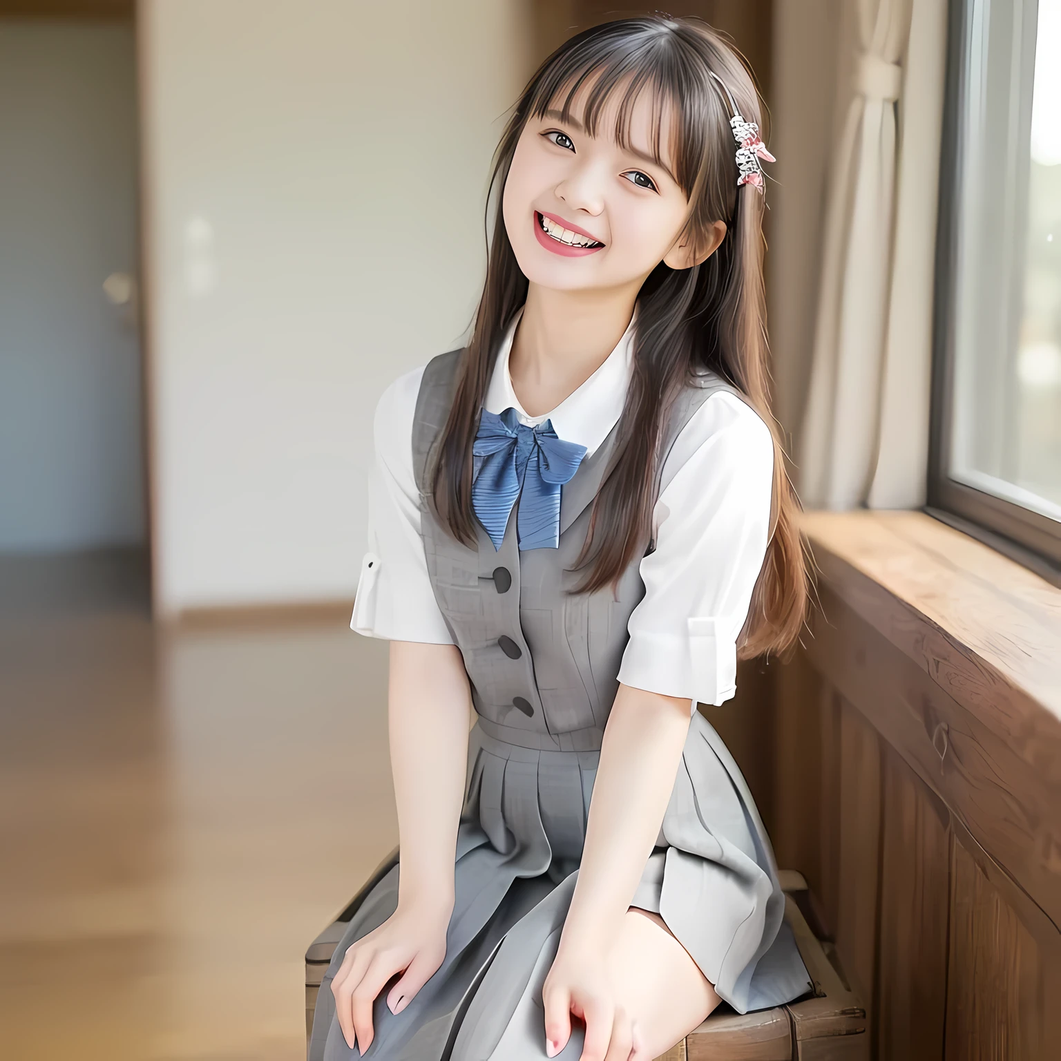 (highest quality、masterpiece:1.2)、highest quality、Realistic、photograph、High resolution、1080p、8K、Fair skin, especially face, Physical Rendering、((Height: 155cm)), one Japanese girl、(((((( beautiful Japanese fashion model)))))), school summer uniform, (((Beautiful girl in the back room))), (((big very detailed beautiful dark brown eyes))), ((((impressive plain blue girly large school ribbon bow tie)))), ((((black very beautiful and very very long braids)))), ((((cute gray box-pleated skirt)))), ((A gray school vest)), ((ivory blouse with puffed short sleeves)), (((((((laughing at me!))))))), Mouth open, detailed fingers, ((curled bangs)), ((Very large and very very very cute eyes of a Japanese girl, drawn with great care and attention to detail.)), double eyelids, Thin eyebrows, ((drooping eyes)), (((very long eyelashes))), ((cute lovely lovely laughing laughing cheeks)), ((Pure white light hits her face from above and in the front, making her skin and eyes shine beautifully.)), ((Strong light hits the nose and cheeks、It brings out the richness of the expression.)), (((((Her facial features are very expressive lovely smile, very very pure, very very intelligent.))))), ((stretching one&#39;s legs out on the bed)), (((((barefoot))))), (((Shooting from the side))), ((((Shooting up to the toes of the feet))))