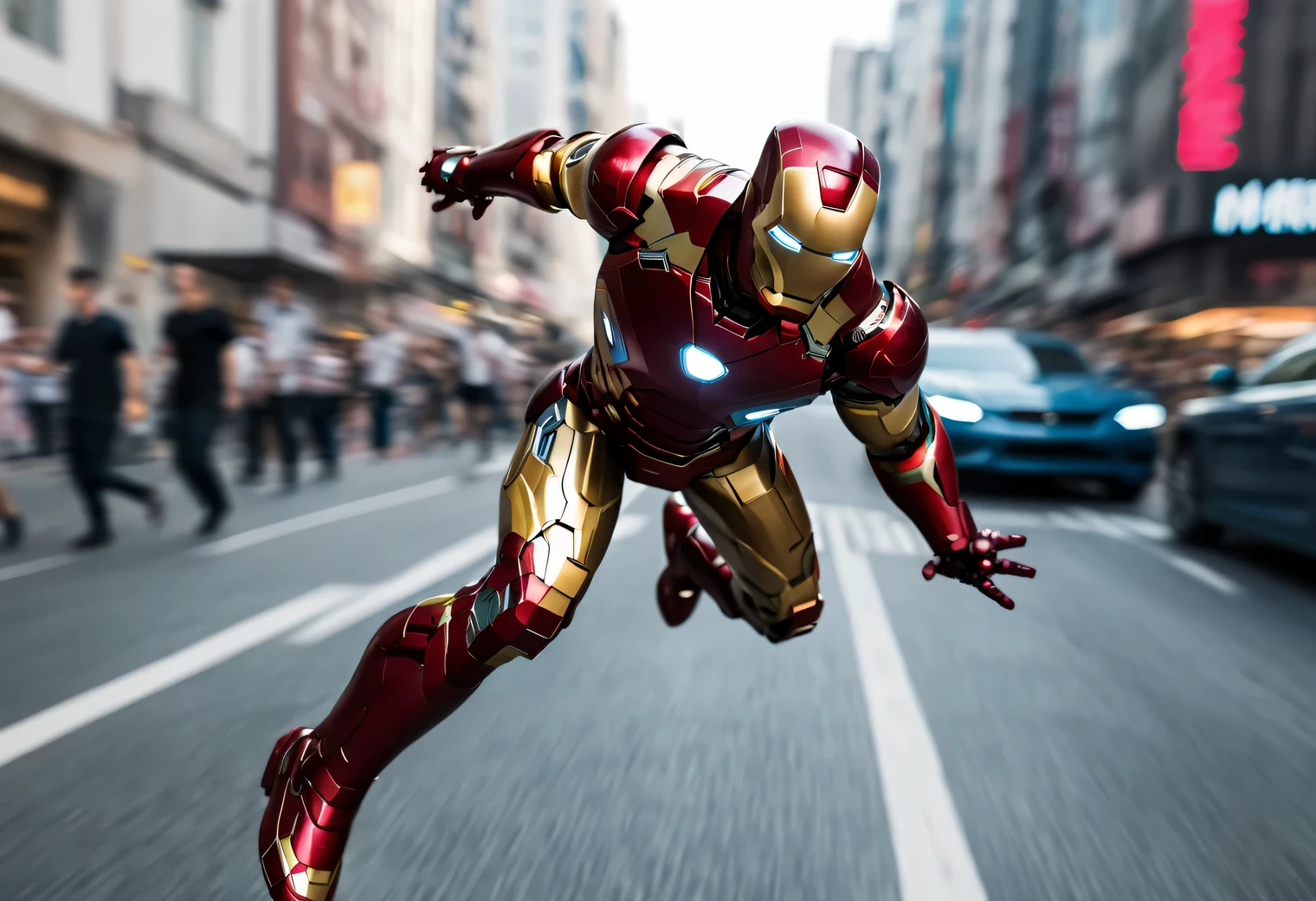 Motion Blur effect, Iron Man flying down the street of the metropolis, the background is blurred by movement, focus on Iron Man, chase, anime comics style, clear