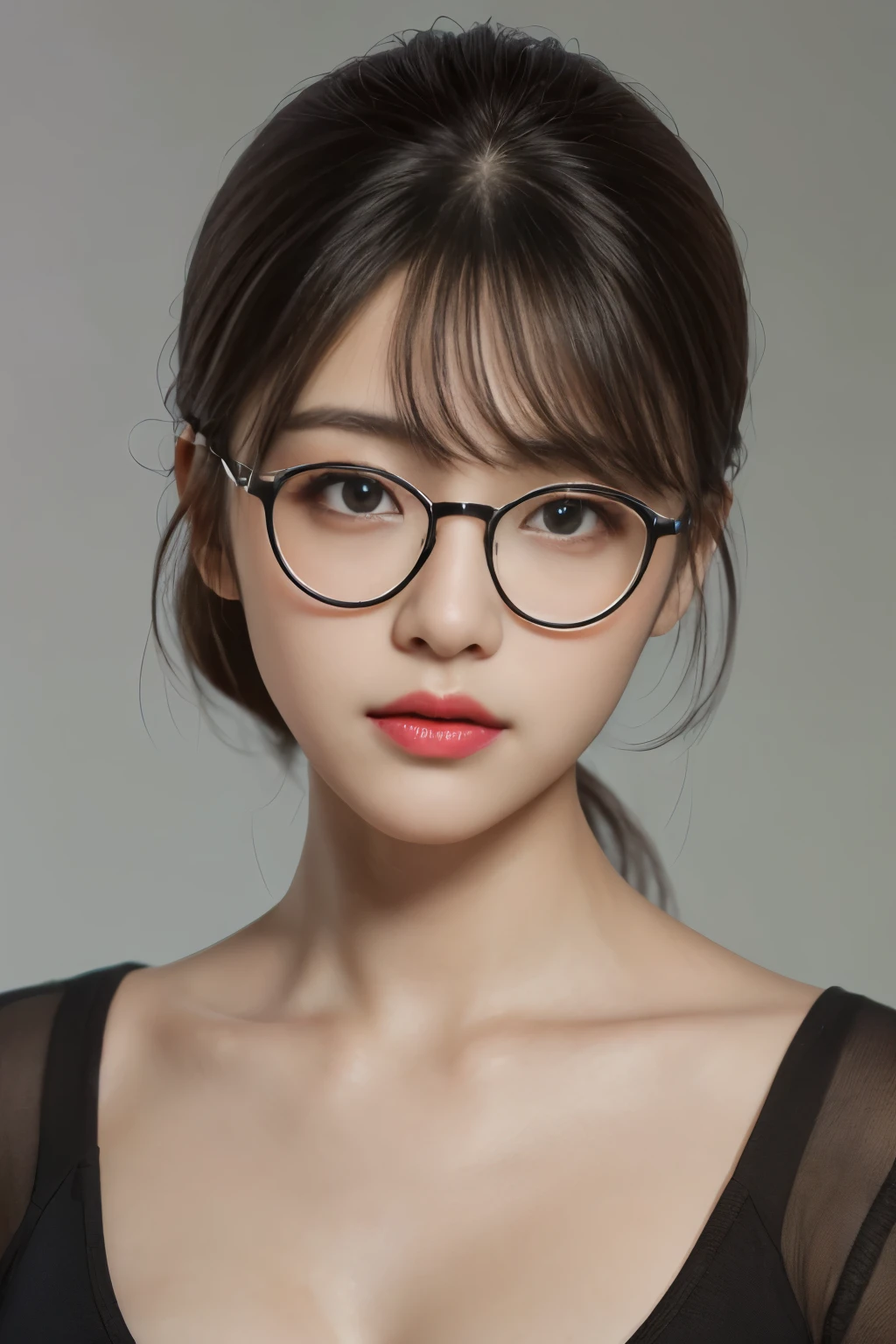 SFW(exist, (best quality:1.4), 32k resolution, (Practical:1.5), (Super Practical:1.5), High resolution 32k UHD, (masterpiece:1.2)), (Quality improvement:1.4), (Very nice facial details), (best qualityのリアルな質感の肌:1.4), (Perfect anatomical structure:1.2), Korean woman, black camisole, Ultra Detailed, Symmetrical eyes, big eyes,Natural Makeup, Pink lipstick, ((Keen eye for quality:1.2)), (tired, Sleepy and satisfied:0.0), (Delicate lips:1.33), (delicate nose:1.2), (slim body:1.2, Mid-chest:1.2 ), (Slim lower body:1.2), Very detailed lips, (Black-rimmed glasses), Black Hair, Ponytail, slim body shape, Upper Body, evening, exist黑暗的房间里, Natural light, Clothes white