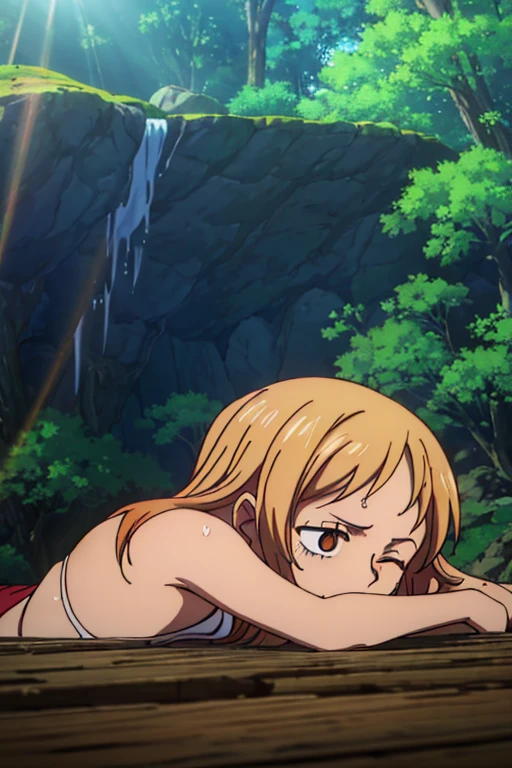 A tanned-skinned anime girl lies despondently on the ground, her hand cradling her abdomen in agony. Her fabric revealing the faint outlines of her ribs. Long sun-kissed locks cascade around her face, concealing it from view. Her despairing expression, etched with lines of hunger and suffering, speaks of a life devoid of sustenance. The sunlight filters through the foliage above, bathing her emaciated figure in a warm, golden glow that accentuates the definition of her bones. The bikini top clings to her body, leaving little to the imagination, she lying down on the forest floor with her eyes closed in immense pain and suffering from hunger
