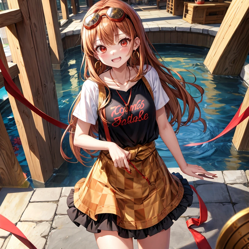 Brown, red, gold, golden hair、Red eyes、One good looking girl、solo、anime、Checkered mini skirt、Black camisole、Black T-shirt、hoodie、Wearing a ribbon、Ribbon on waist、Crystal Earrings、treasure石のネックレス、Light and shadow、Tilting face、Teeth are visible、Marble pillar、The floor is reflecting、Kind Face、Kuroko、treasure、wearing goggles on head