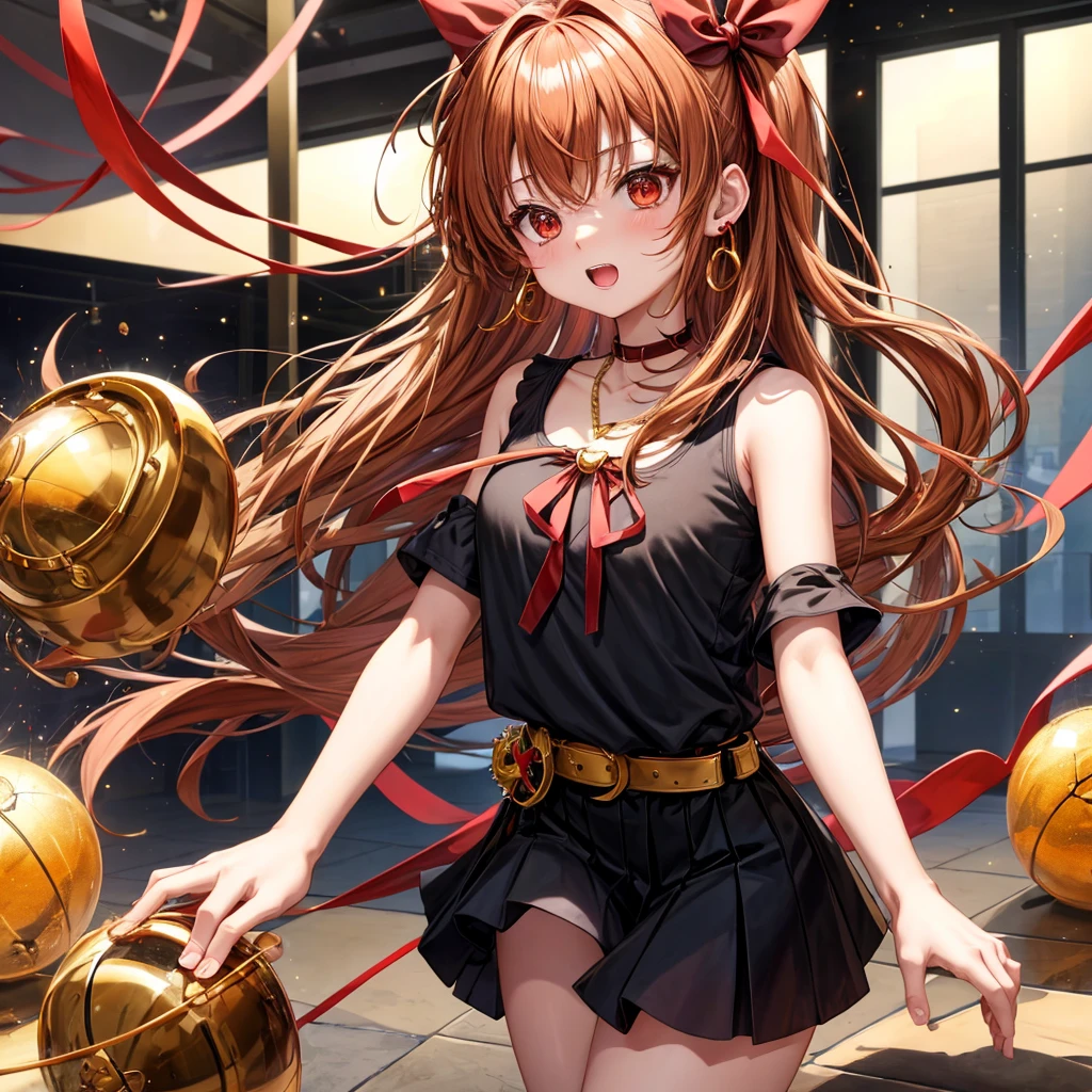 Brown, red, gold, golden hair、Red eyes、One good looking girl、solo、anime、Checkered mini skirt、Black camisole、Black T-shirt、hoodie、Wearing a ribbon、Ribbon on waist、Crystal Earrings、treasure石のネックレス、Light and shadow、Tilting face、Teeth are visible、Marble pillar、The floor is reflecting、Kind Face、Kuroko、treasure、wearing goggles on head