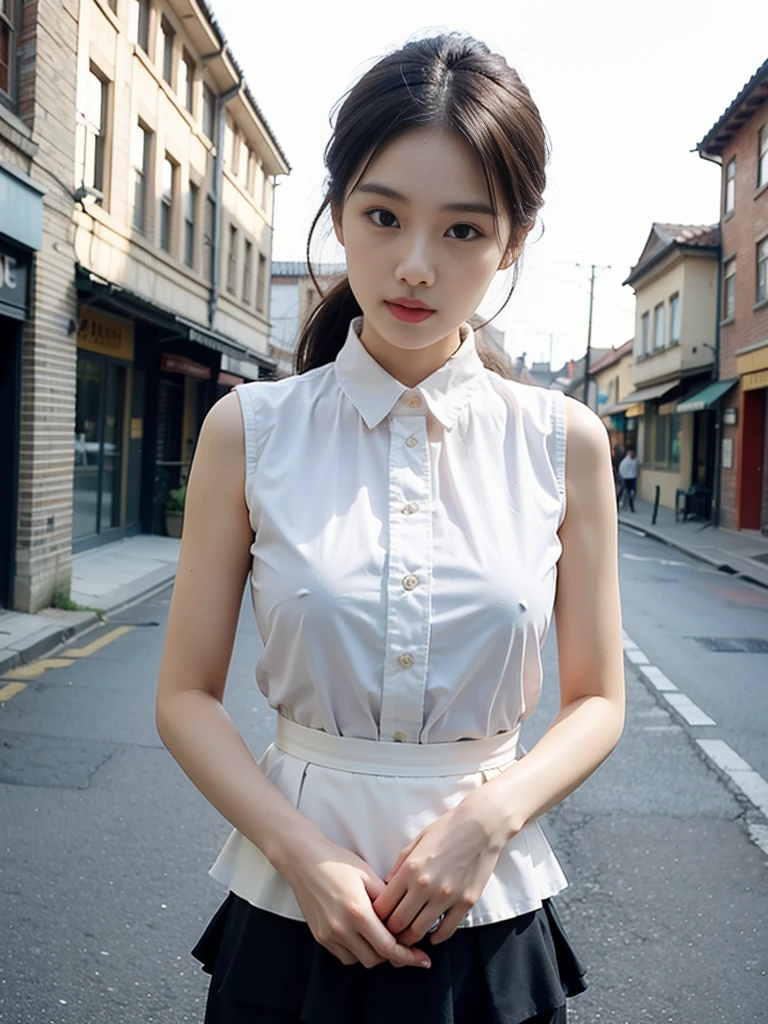 ((Best Quality, 8K, Masterpiece: 1.3)), (Stepmother Skirt: 1.5), Focus: 1.2, Perfect Body Beauty: 1.4, Buttocks: 1.2, (Layered Haircut: 1.2)), (Dark Street: 1.3), Highly detailed face and skin texture, Full body, delicate eyes, Double eyelids, whitening skin, long hair, (round face: 1.5),