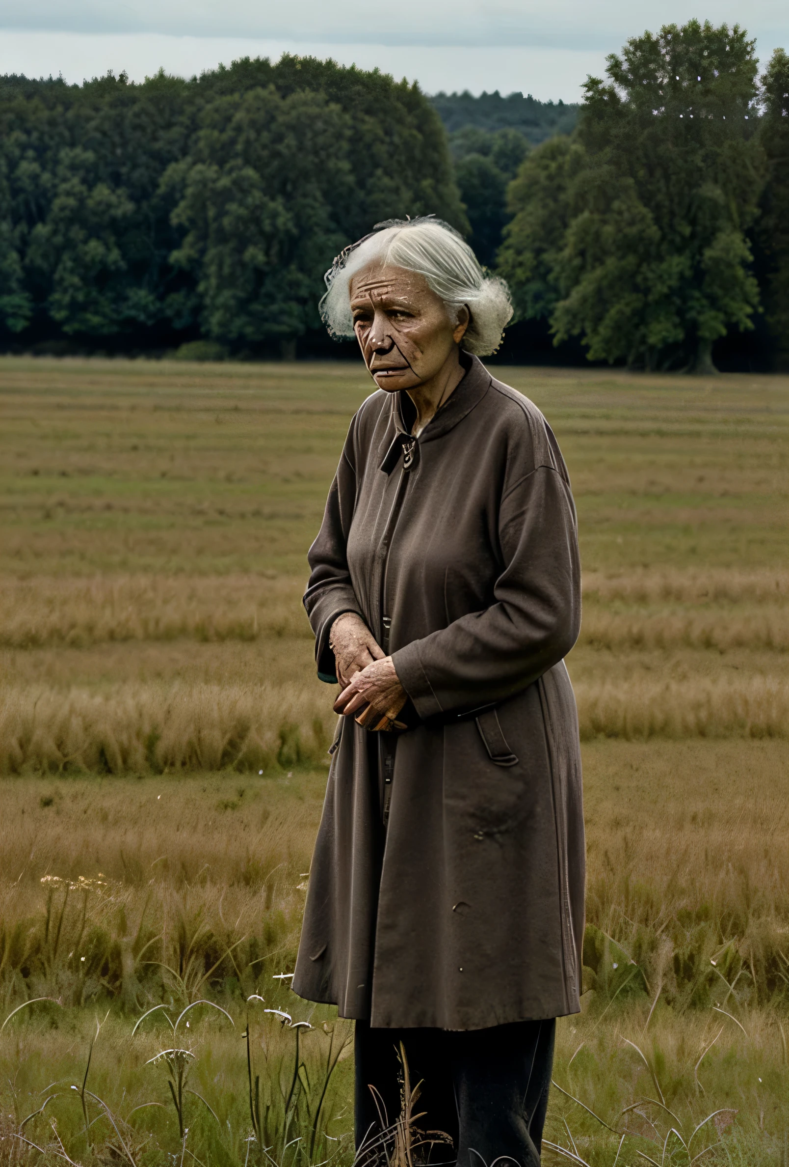sad old lady standing in a field