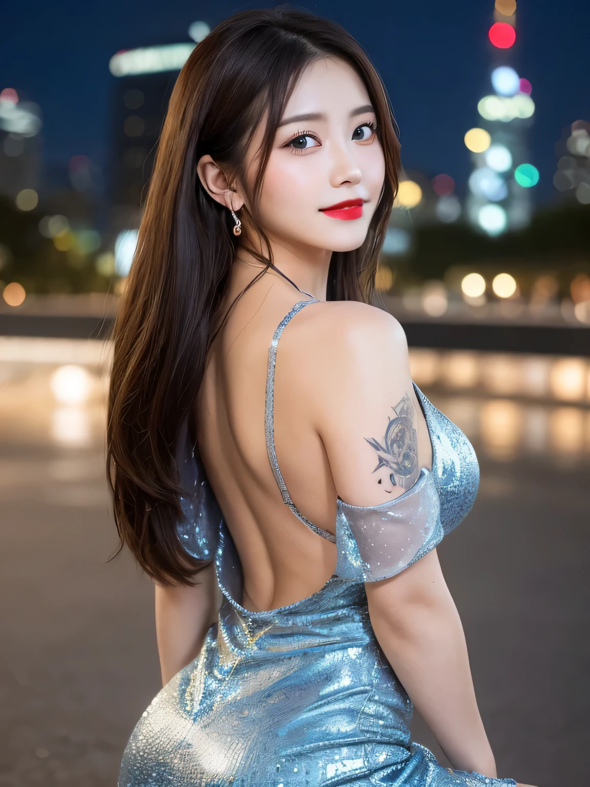 Beautiful urban college girl、masterpiece、Light makeup、Red lips、Silver Hair、long messy hair、Background of the cityscape、beautifully、elegant。 Ultra-fine detail、masterpiece、Authentic texture、Cinematic Lighting Realism、perfect piece、16K、HD、exquisite features、blue eyes、Japanese Idols、Beautiful Face、Cute smile、brown hair、Beautiful Hair、ponytail、glamorous、Big Breasts、big breasts、Big Tits、Erect nipples、Oily Muscles、Glowing Skin、Sunburned skin、Glowing black skin、Wearing a sexy Chinese dress: 1.3、squat、Knee Up、From the back、Bright big eyes、Smooth Skin、Earrings、necklace、Tattoo