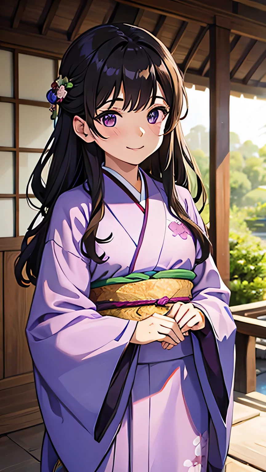 Middle-aged oriental woman, long light brown wavy hair, small violet eyes, discreet smile. She wears a kimono with light pastel colors. In an oriental garden.