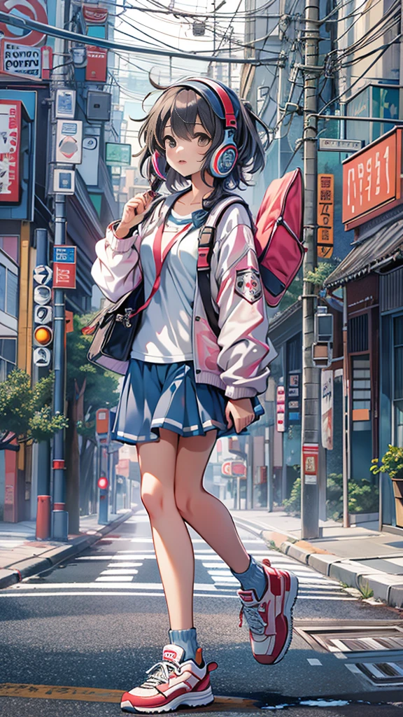 (masterpiece), (highest quality:1.4), (Ultra-high resolution:1.2), Ultra-detailed backgrounds, (unity 8k wallpaper), A pretty high school girl wearing headphones walking through the streets of Tokyo in an illustration influenced by city pop culture、Wear loose socks for a stylish and nostalgic look、One subject without splitting the screen