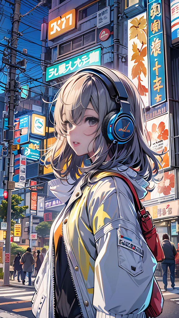 (masterpiece), (highest quality:1.4), (Ultra-high resolution:1.2), Ultra-detailed backgrounds, (unity 8k wallpaper), A pretty high school girl wearing headphones walking through the streets of Tokyo in an illustration influenced by city pop culture、Wear loose socks for a stylish and nostalgic look、One subject without splitting the screen