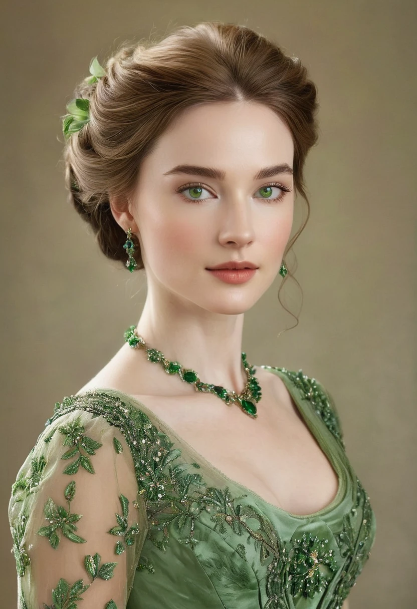 Julia Davenport, is depicted as a slender and fair-skinned woman with sharp and delicate features. Her hair is a light brown in color, and her eyes are a sharp and piercing green. She has a delicate frame yet also an air of refinement and elegance about her. she wore a dress