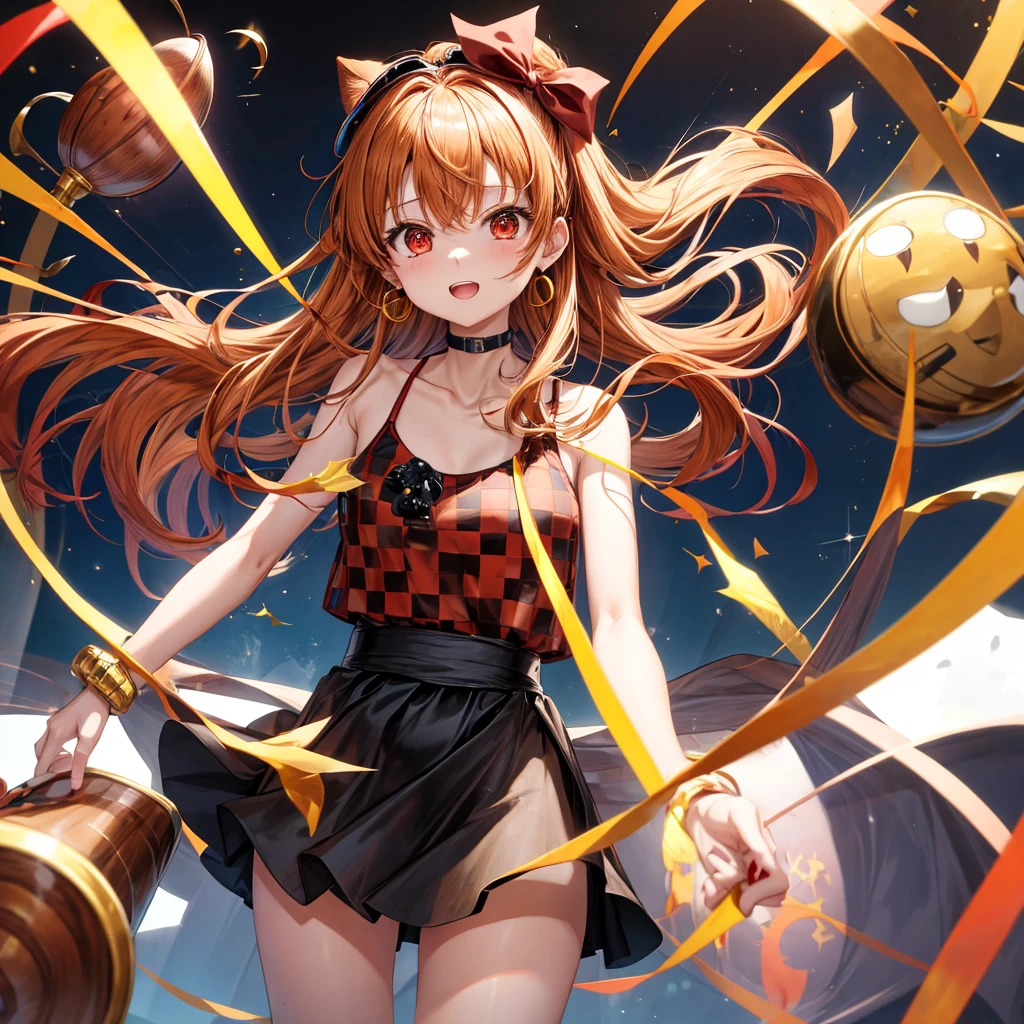 Brown, red, gold, golden hair、Red eyes、One good looking girl、solo、anime、Checkered mini skirt、Black camisole、Black T-shirt、hoodie、Wearing a ribbon、Ribbon on waist、Crystal Earrings、treasure石のネックレス、Light and shadow、Tilting face、Teeth are visible、Marble pillar、The floor is reflecting、Kind Face、Kuroko、treasure、wearing goggles on head