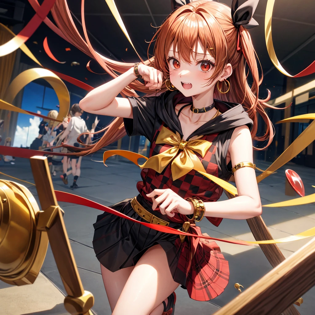 Brown, red, gold, golden hair、Red eyes、One good looking girl、solo、anime、Checkered mini skirt、Black camisole、Black T-shirt、hoodie、Wearing a ribbon、Ribbon on waist、Crystal Earrings、treasure石のネックレス、Light and shadow、Tilting face、Teeth are visible、Marble pillar、The floor is reflecting、Kind Face、Kuroko、treasure、wearing goggles on head