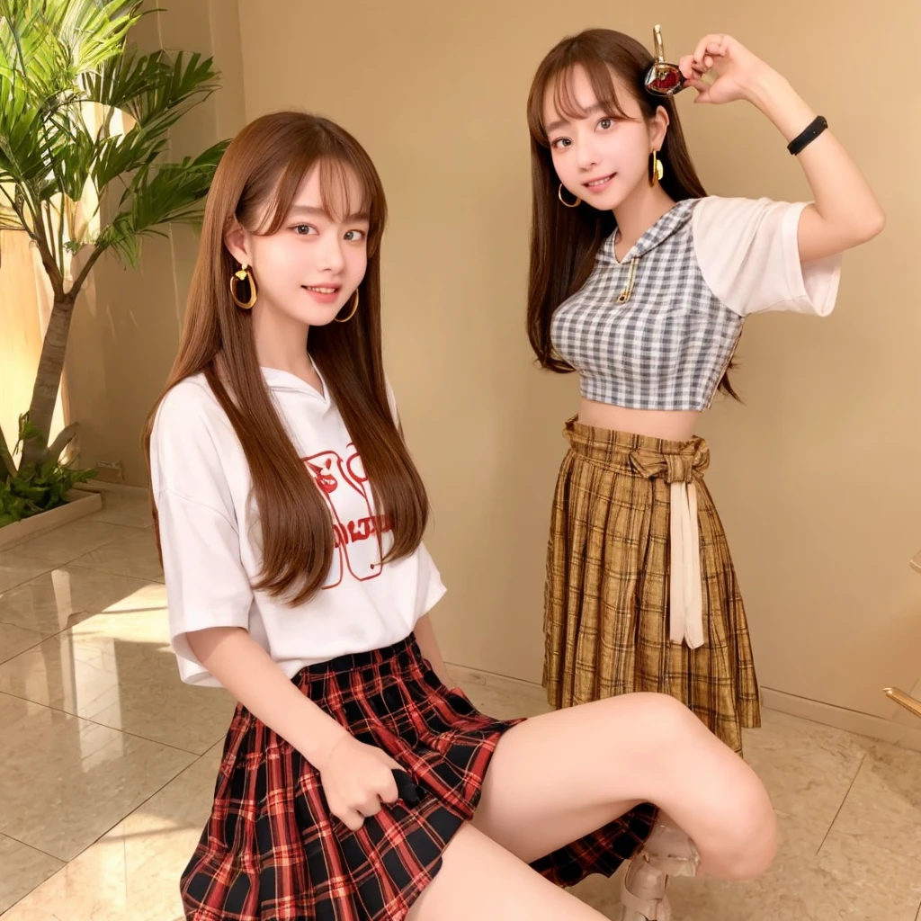 Brown, red, gold, golden hair、Red eyes、One good looking girl、solo、anime、Checkered mini skirt、Black camisole、Black T-shirt、hoodie、Wearing a ribbon、Ribbon on waist、Crystal Earrings、treasure石のネックレス、Light and shadow、Tilting face、Teeth are visible、Marble pillar、The floor is reflecting、Kind Face、Kuroko、treasure、wearing goggles on head