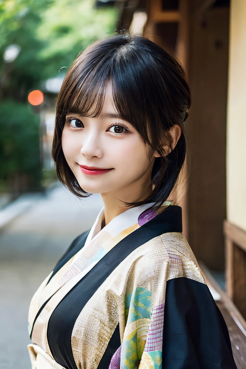 （kimono）、Random pose、(highest quality,masterpiece:1.3,超A high resolution,),(Ultra-detailed,Caustics),(Photorealistic:1.4,RAW shooting,)Ultra-Realistic Capture,Very detailed,High resolution 16K human skin closeup、 skin texture is natural、、The skin looks healthy、The color is also uniform.、 Use natural light and color,1 girl,Japanese,55 years old,cute,Black-haired,Middle Hair,,smile,,(Depth of written boundary、chromatic aberration、、Wide range of lighting、Natural Shading、)、big breasts
