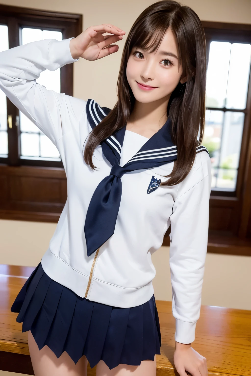 "(highest quality, 4K, 8k, High resolution, Tabletop:1.2), Very detailed, Realistic:1.37, short light brown hair, high school girl, Sailor suit, Black School Miniskirt, Super super slender body, Super big , Shy and cute face, Beautiful smile, Lift up your skirt and show your underwear(Panty shot)"