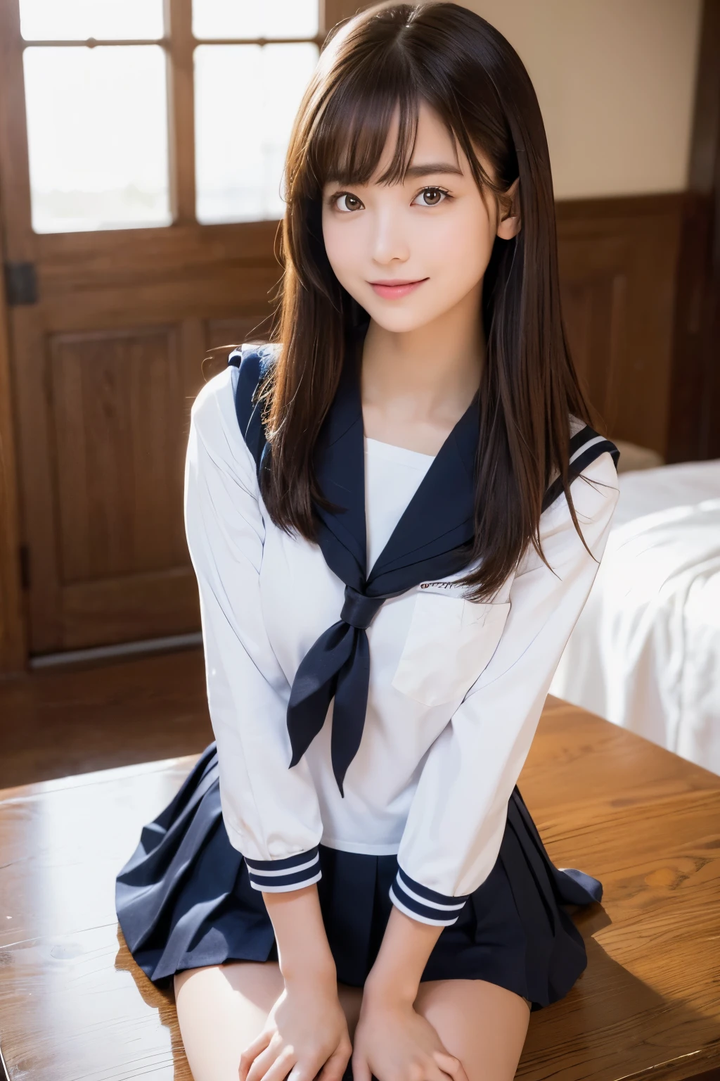 "(highest quality, 4K, 8k, High resolution, Tabletop:1.2), Very detailed, Realistic:1.37, short light brown hair, high school girl, Sailor suit, Black School Miniskirt, Super super slender body, Super big , Shy and cute face, Beautiful smile, Lift up your skirt and show your underwear(Panty shot）"