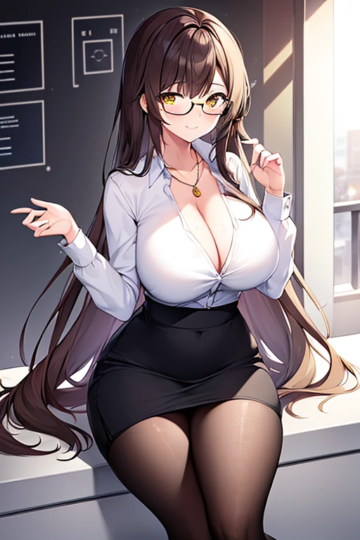 1girl, large breasts, thick thighs, brown hair, wavy hair, long hair, one eye covered, ((one eye covered)), hair over one eye, classroom, smile, pencil skirt, skirt, mature female, necklace, white shirt, shirt, pantyhose, teacher, glasses, red glasses, cleavage, hourglass figure, yellow eyes, areola slip, areolae