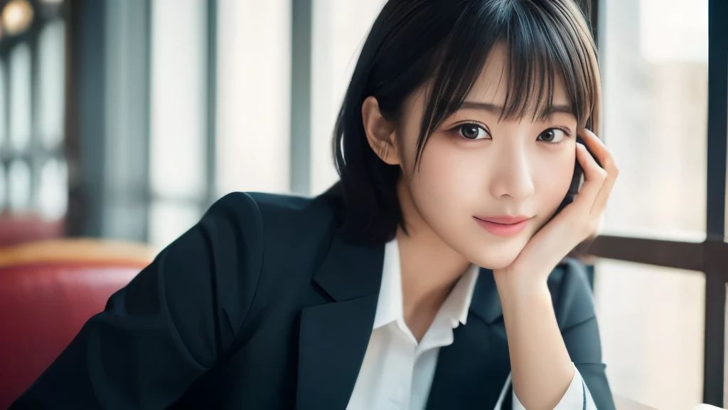 (Realistic: 1.4), (highest quality: 1.4), Ultra-high resolution, (Fine grain),Full body shot,Blur the background,Reading a book,1 Adult female,(Plump building),Black Hair,((Recruitment suits)),Wide eyes,Blushed face,smile,Highly detailed face and skin texture, Healthy Skin,(Cafe),8k resolution