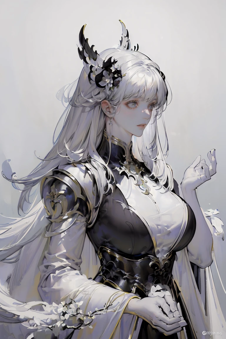 (black and white color scheme:1.4)close-up of a woman in a white dress, Chengwei Pan on ArtStation, Ian J., detailed fantasy art, amazing character art, Fanart Best ArtStation, epic exquisite character art, Beautiful armor, Extremely detailed Artgerm, detailed digital anime art, Artgerm on ArtStation Pixiv, girl in armor