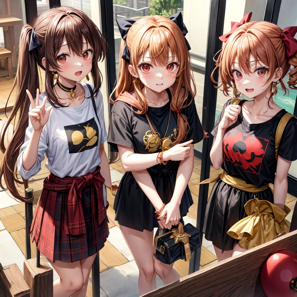 Brown, red, gold, golden hair、Red eyes、One good looking girl、solo、anime、Checkered mini skirt、Black camisole、Black T-shirt、hoodie、Wearing a ribbon、Ribbon on waist、Crystal Earrings、treasure石のネックレス、Light and shadow、Tilting face、Teeth are visible、Marble pillar、The floor is reflecting、Kind Face、Kuroko、treasure、wearing goggles on head