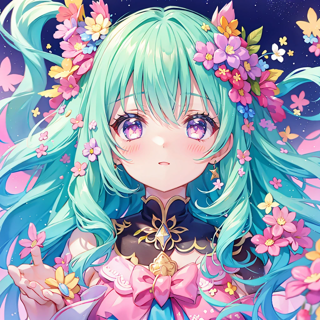masterpiece, (million 2girls and 2girls and 2girls and 2girls), idol, closeup, big eyes, kawaiitech, kawaii, cute, pastel colors, best quality, happy, deep background, symmetrical, tilted head, spring