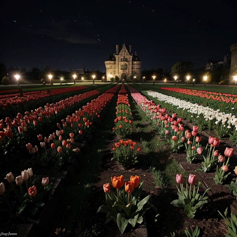 A tulip garden in a castle with the black night without light