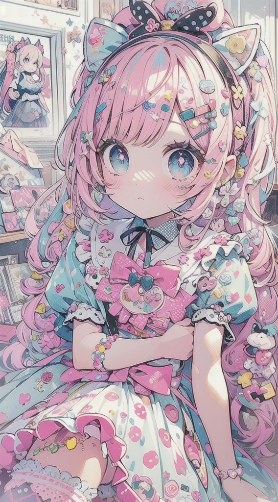 masterpiece, best quality, ultra detailed, beautiful shading, cinematic ligthing, studio lights, cute, kawaii, big eyes, flower pattern on pupil, shaped pupil , cute polka dot pattern on bows, plaid, light pink colored hair，Powder-blue pupils，Wear pink and blue maid outfits，Sweet girl with pure white,full body, full shot, horns, little devil, wow, retro, hairclips, decora, a lot of accessories