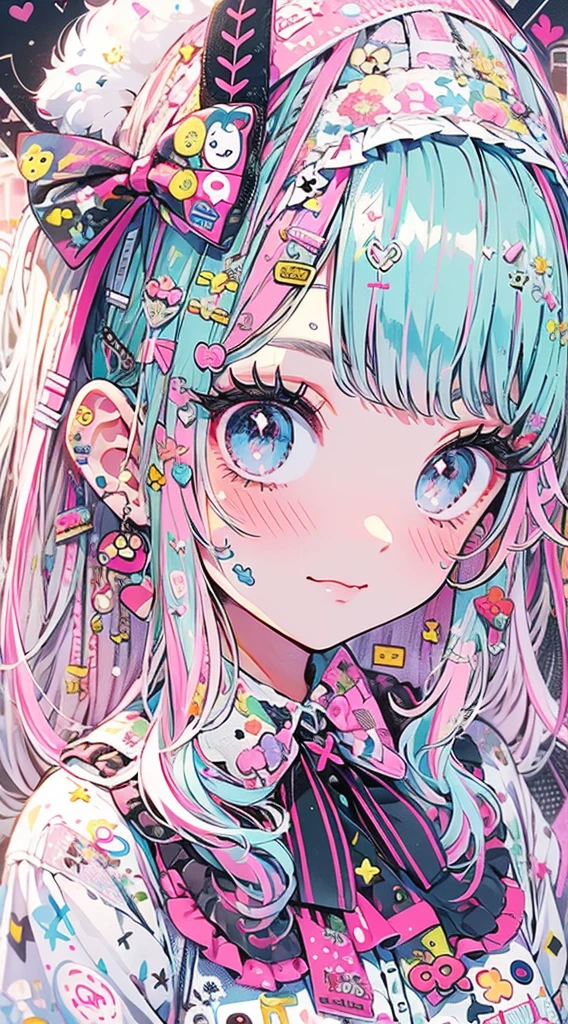 masterpiece, best quality, ultra detailed, beautiful shading, cinematic ligthing, studio lights, cute, kawaii, big eyes, flower pattern on pupil, shaped pupil , cute polka dot pattern on bows, plaid, light pink colored hair,Powder-blue pupils,Wear pink and blue maid outfits,Sweet girl with pure white,full body, full shot, horns, little devil, wow, retro, hairclips, decora, a lot of accessories