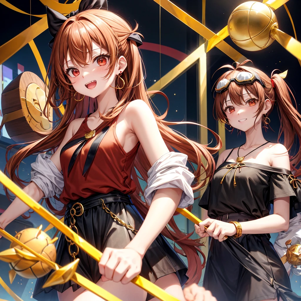 Brown, red, gold, golden hair、Red eyes、One good looking girl、solo、anime、Checkered mini skirt、Black camisole、Black T-shirt、hoodie、Wearing a ribbon、Ribbon on waist、Crystal Earrings、treasure石のネックレス、Light and shadow、Tilting face、Teeth are visible、Marble pillar、The floor is reflecting、Kind Face、Kuroko、treasure、wearing goggles on head