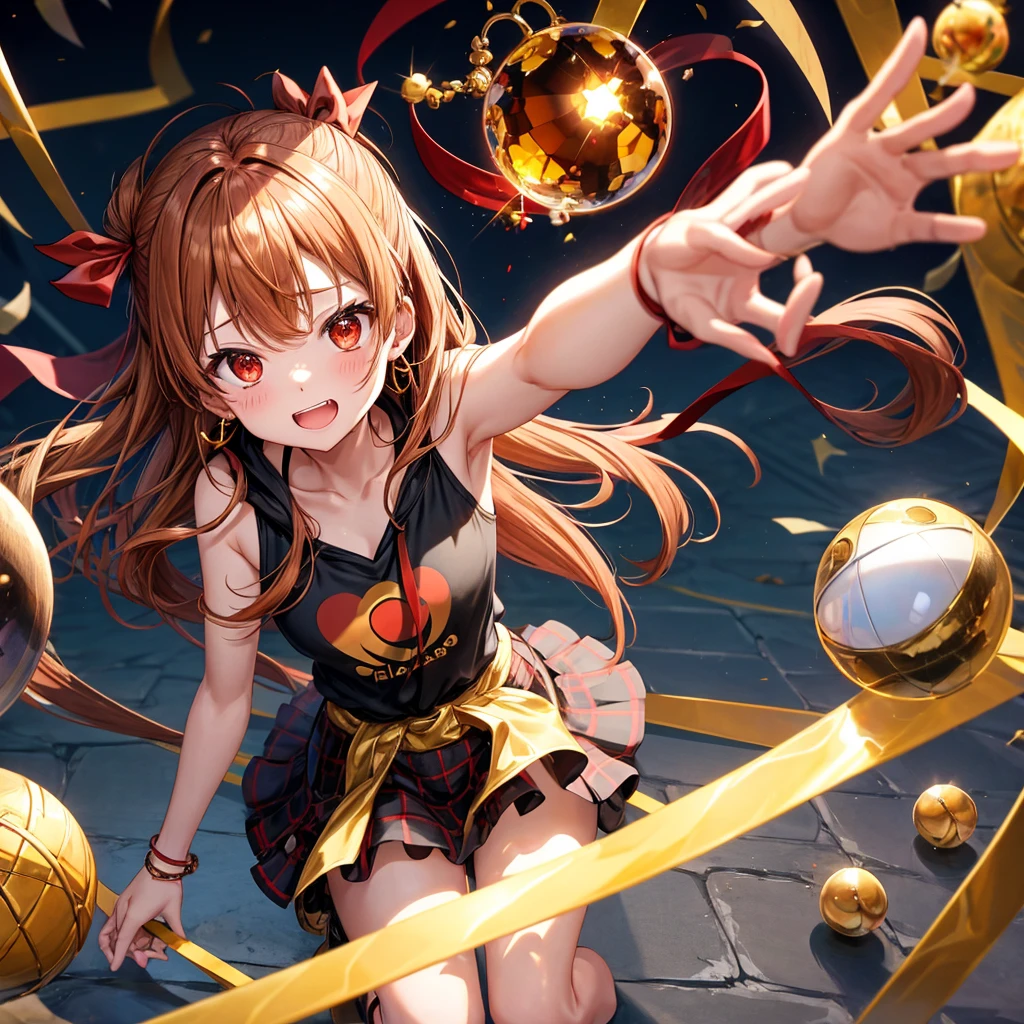 Brown, red, gold, golden hair、Red eyes、One good looking girl、solo、anime、Checkered mini skirt、Black camisole、Black T-shirt、hoodie、Wearing a ribbon、Ribbon on waist、Crystal Earrings、treasure石のネックレス、Light and shadow、Tilting face、Teeth are visible、Marble pillar、The floor is reflecting、Kind Face、Kuroko、treasure、wearing goggles on head