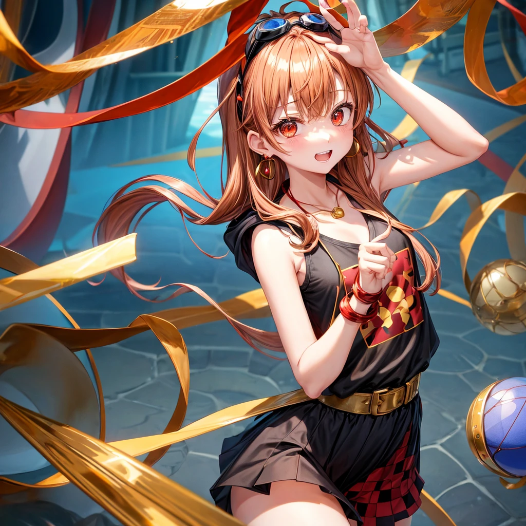Brown, red, gold, golden hair、Red eyes、One good looking girl、solo、anime、Checkered mini skirt、Black camisole、Black T-shirt、hoodie、Wearing a ribbon、Ribbon on waist、Crystal Earrings、treasure石のネックレス、Light and shadow、Tilting face、Teeth are visible、Marble pillar、The floor is reflecting、Kind Face、Kuroko、treasure、wearing goggles on head