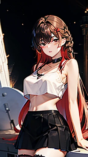 two-tone hair, black hair, red hair, red eyes, very long hair, fluffy hair, disheveled hair, x hair ornament, space BREAK upper body, black skirt, black stockings, bra