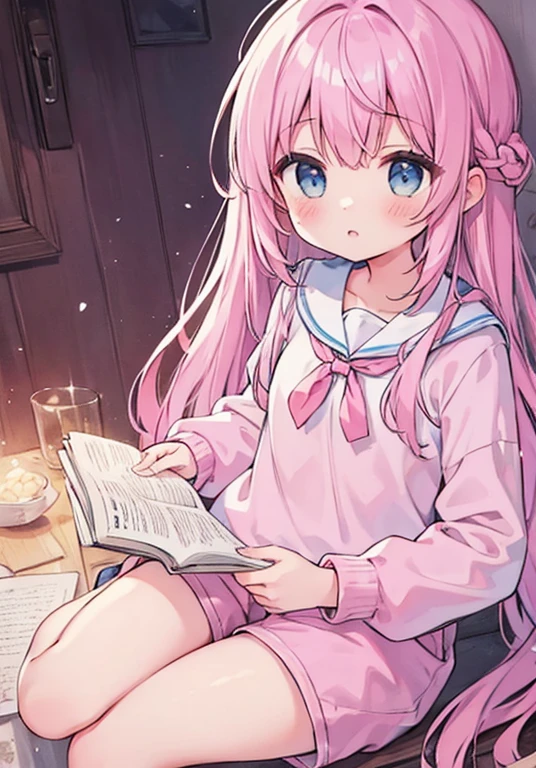 Beautiful illustrations, highest quality, (12 year old girl:1.4)、(pretty girl：1.5)、、Flat Chest、Sailor collar、(White long tunic)、Long sleeve sailor suit、Blue-line cuffs、(pink chino shorts：1.4)、(pink shorts with wide opening：1.2)、Gap between thigh and pants、Slim thighs、White socks、 Cinematic lighting, (Pink Long Hair)、Pink Straight Hair、Redness on the cheeks、(Braiding of the back of the head)