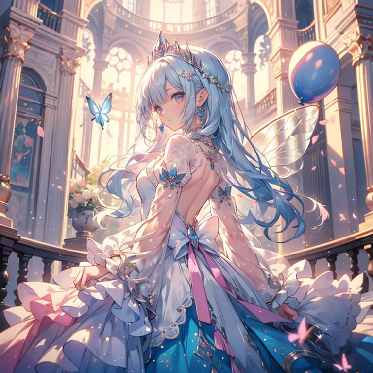 (exquisite, beautiful, very detailed, masterpiece, high quality,High resolution),(soft thin lines:1.2, Beautiful, delicate and pretty face),(Butterfly-like fairy wings growing from her back),from a little far away,body whole,The whole body is reflected,night,A fairy princess is dancing in a gorgeous baroque castle,lots of flowers,Hanabubuki,indoor,(Diamond Tiara, earrings, necklace), ((Gorgeous pastel ball gown dress:1.1, Balloon sleeves,Jewels, ribbons, lace and frills, Beautiful fairy wings from the back)), (light pink blush, plump pink lips,big bust,Fair skin, good style),watercolor style