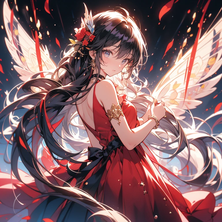 (exquisite, beautiful, very detailed, masterpiece, high quality,High resolution),(soft thin lines:1.2, beautiful and delicate face),In the darkness, a fairy princess knight holds a sword wrapped in flame magic and looks at me.,body whole,from a little far away,butterfly-like fairy wings, The fire is rising,((A red dress with a flame motif,lace and jewels and frills)),(The ends of her hair look like flames,The ends of the hair shine),(earrings,beautiful choker,Gold ankles),(deep pink cheeks,plump pink lips,Fair skin, slim), (serious,battle scene,fantasy),Mature,