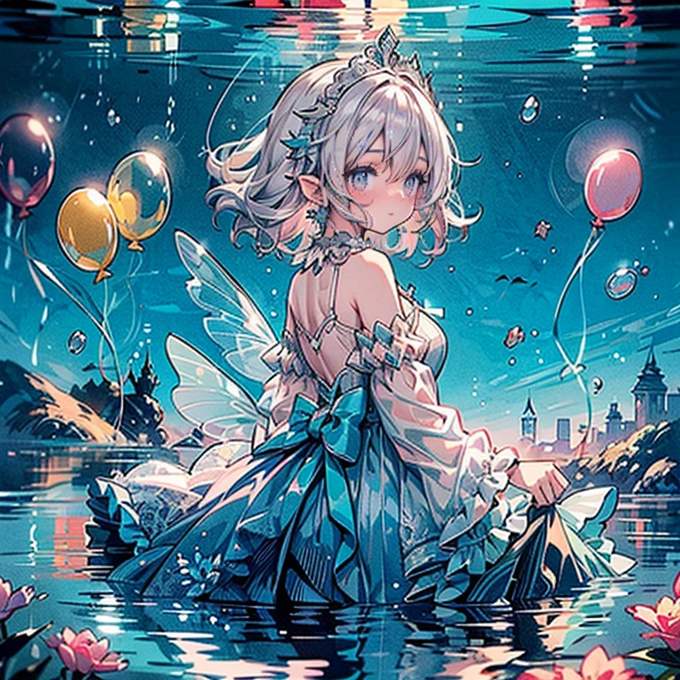(exquisite, beautiful, very detailed, masterpiece, high quality, confused, High resolution, Full HD, 16k), (thin line: 1.2, soft lines:1.2, beautiful and delicate face), front,body whole,whole body,((floating in water,drifting)),(The tips of your hair and the ends of your dress melt into the water..),(in the dark deep sea,Drifting a lot of bubbles,fish),(Fairy wings grow), (smile), (medium hair:1.5), (tiara, earrings, beautiful choker), ((A pastel colored ball gown dress with soft shoulders and a water motif..:1.1, Balloon sleeves,jewels and lace and frills, Fairy wings from the back)), (light pink blush, plump pink lips,big bust,Fair skin, good style),