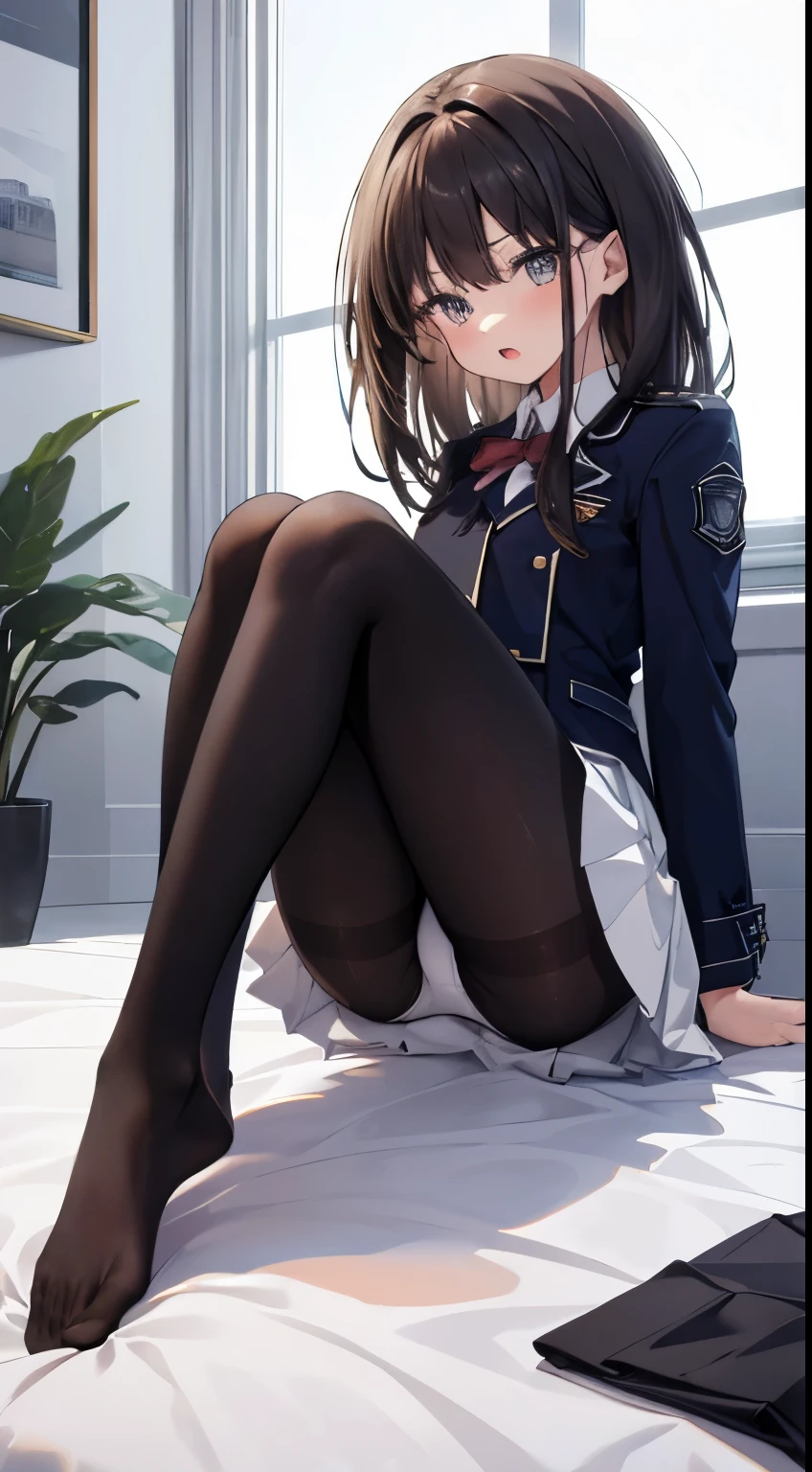 Top quality, masterpiece, High resolution, (Head to toe full body view), Front view from slightly below, symmetrical composition, Composition with accurate balance throughout the body、18 years old, slim and beautiful girl, alone, (Small breasts), (No shoes),Messy Hair, bangs, (black tights), (Black Pantyhose), (Sitting on the floor with legs apart), (A pose in which the legs are spread apart on the bed), tied up with both arms hidden behind the back, (Composition showing white panties), (her legs spread、I see white panties.), (Open mouth with a pained expression), blush, Shy big eyes, Looking at the camera, Blazer uniform, Checkered Pleated Skirt